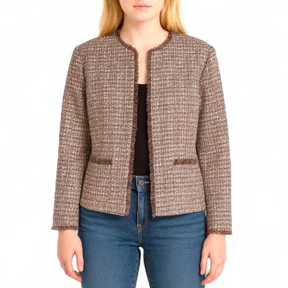 Alfred Dunner Tweed Jacket Fringe Womens Sz 12 Collarless Brown Pink White - Picture 1 of 8